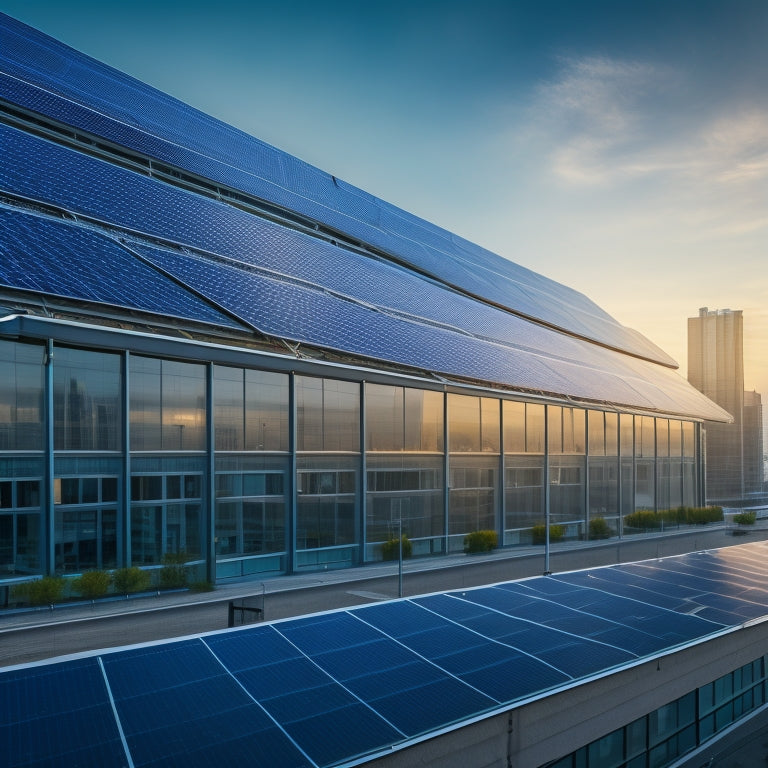 A commercial building's reflective glass façade with a few dirty solar panels on the rooftop, surrounded by cityscape, with a subtle grid of measuring tapes and calculators in the foreground.