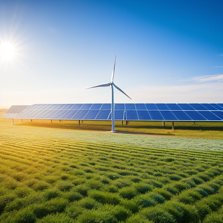 A vibrant solar farm under a clear blue sky, solar panels glistening in the sun, surrounded by lush green fields and a distant wind turbine, symbolizing sustainable energy independence.