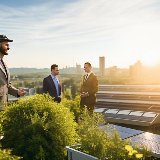 A small business rooftop adorned with sleek solar panels, sunlight glinting off their surface, surrounded by greenery. In the foreground, a happy business owner inspects a digital energy monitor, showcasing sustainability.
