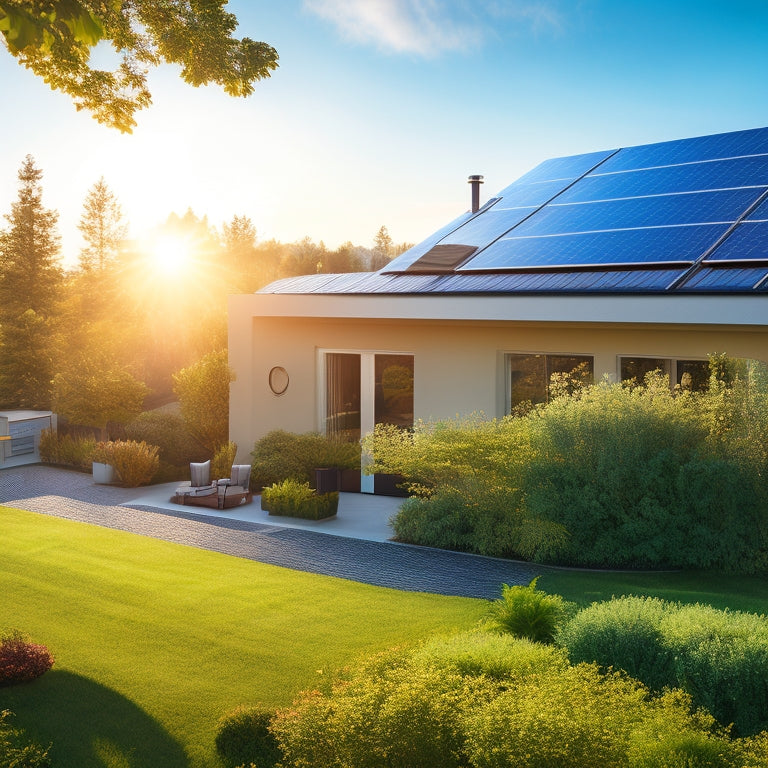 A sunlit rooftop adorned with sleek solar panels, lush greenery surrounding a modern home, and a clear blue sky overhead, illustrating harmony between technology and nature in a sustainable environment.