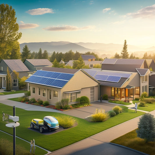 A futuristic illustration of a suburban neighborhood with various homes and commercial buildings, each featuring a unique solar panel system, showcasing diverse installation styles and panel arrays.