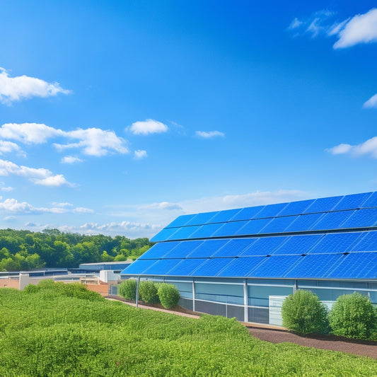 A bright blue sky with a few puffy white clouds, a modern commercial building in the foreground with a sleek, black solar panel array on its rooftop, surrounded by lush greenery.