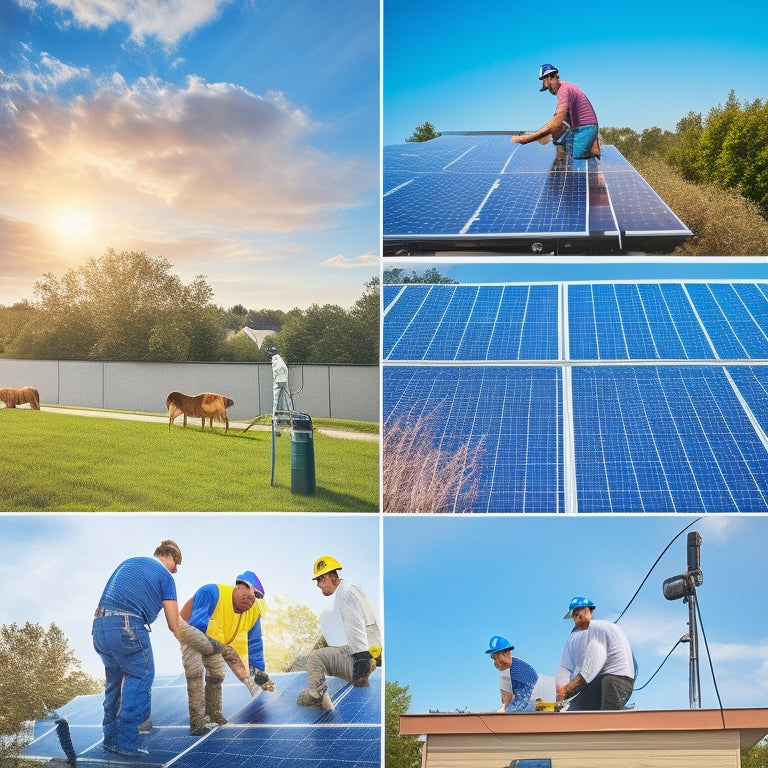 A step-by-step visual sequence of solar panel installation: technicians on a rooftop, measuring, drilling, securing panels, connecting wires, with sunny skies and vibrant greenery surrounding a cozy suburban home.