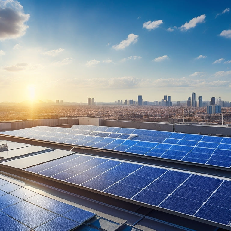 A futuristic commercial rooftop with sleek, shiny solar panels, some with slight dirt buildup, others spotless, amidst a cityscape with a bright blue sky and fluffy white clouds.