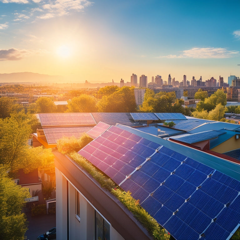 A vibrant cityscape featuring rooftops with solar panels being installed by professional technicians, surrounded by lush greenery and a clear blue sky, showcasing eco-friendly energy solutions and community involvement.