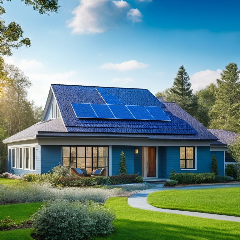 A serene suburban home with a mix of blue and brown roof tiles, adorned with sleek black solar panels, basking in warm sunlight, surrounded by lush green trees and a clear blue sky.