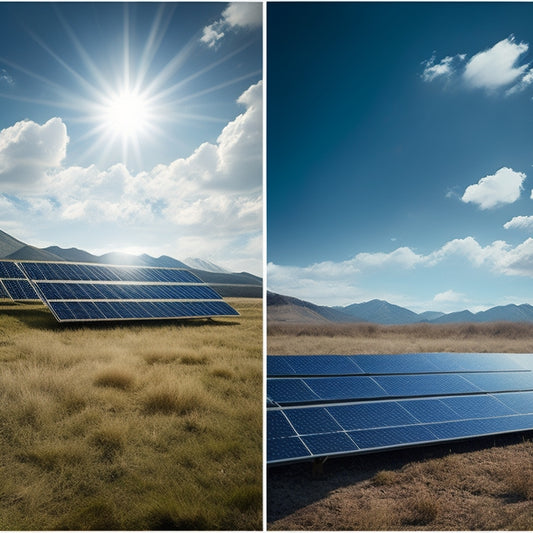 A split-screen image: a sunny day with a solar panel at peak efficiency, and a cloudy day with a dimmed solar panel, conveying the contrast in energy output.
