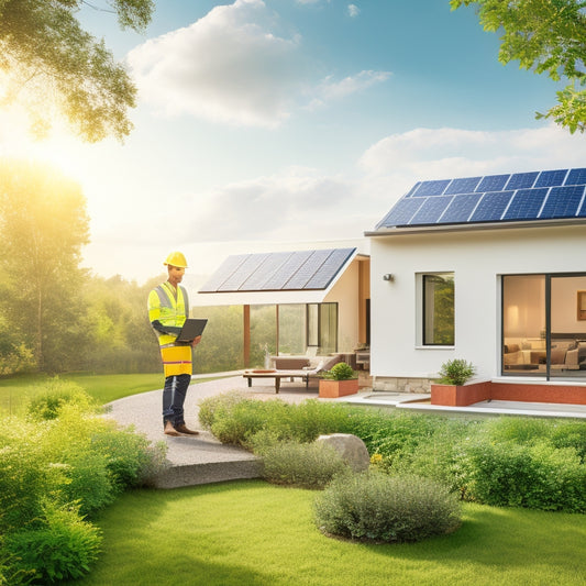 A serene landscape with a modern home, solar panels installed on the roof, and a technician in a yellow hard hat and vest, holding a tablet, standing in front of the house, surrounded by lush greenery.