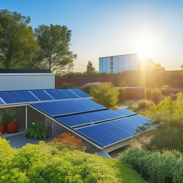 A serene rooftop scene featuring sleek solar panels basking in sunlight, with a modern battery storage unit beside a vibrant garden, showcasing lush greenery and a clear blue sky, symbolizing sustainable energy and innovation.