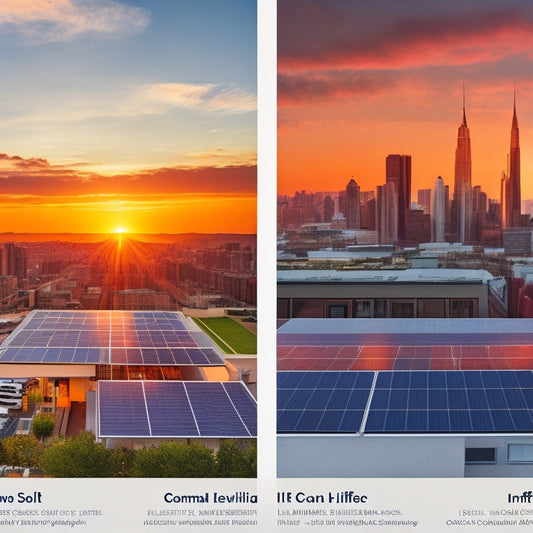 A split-screen image with a cityscape at sunset on one side, featuring rooftops with various commercial solar panel installations, and a detailed comparison chart on a white background on the other side, showcasing different inverter models.