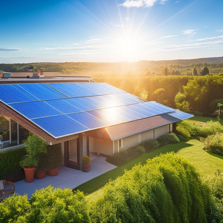 A sunlit residential rooftop with high-quality solar panels, a glowing shield symbol hovering above the panels, lush green garden surrounding the house, and a clear blue sky in the background.