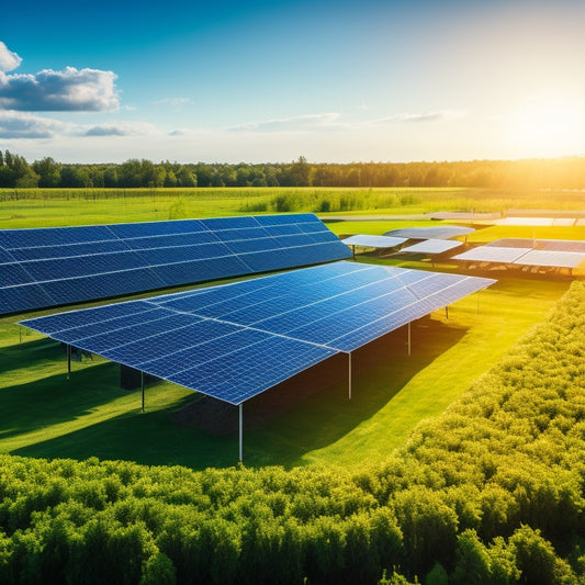 A vibrant solar farm with rows of gleaming solar panels, surrounded by lush greenery, diverse community members installing solar rooftops, and children playing in a sunlit park, all under a clear blue sky.