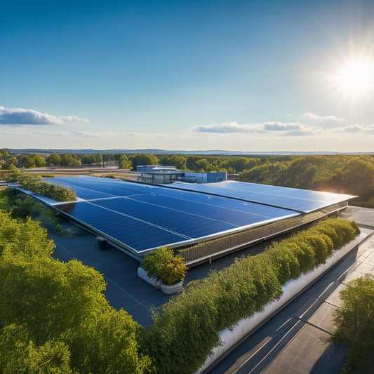 A sleek rooftop adorned with high-efficiency solar panels gleaming under a bright blue sky, surrounded by lush greenery, with sunlight reflecting off the panels, showcasing their cutting-edge design and energy efficiency.
