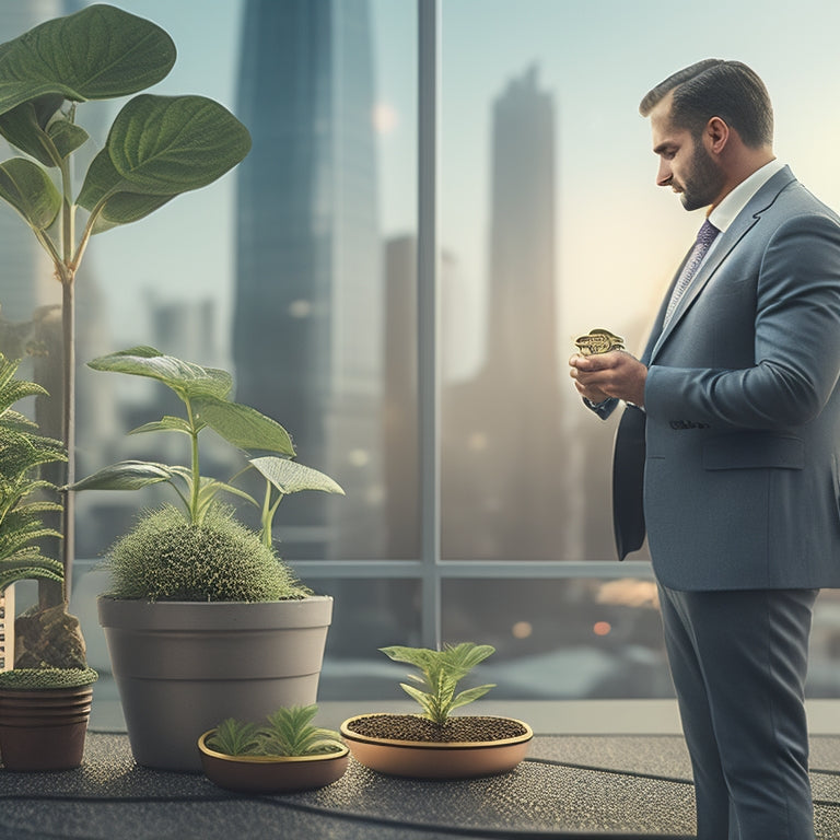 An illustration of a small business owner standing in front of a growing plant, surrounded by coins and a miniature lease agreement, with a subtle cityscape in the background.