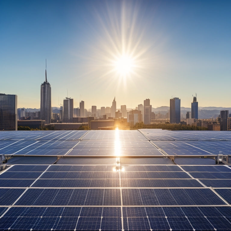 A modern rooftop solar panel array on a commercial building, with sleek panels glistening under the sun, surrounded by a clear blue sky and distant city skyline. Energy-efficient technology and sustainability in an urban environment.