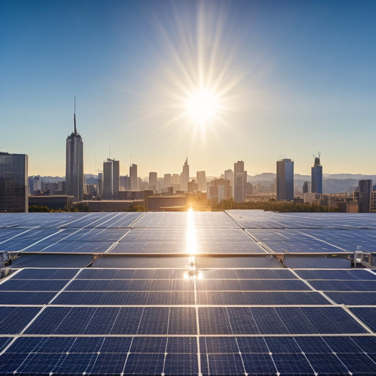 A modern rooftop solar panel array on a commercial building, with sleek panels glistening under the sun, surrounded by a clear blue sky and distant city skyline. Energy-efficient technology and sustainability in an urban environment.