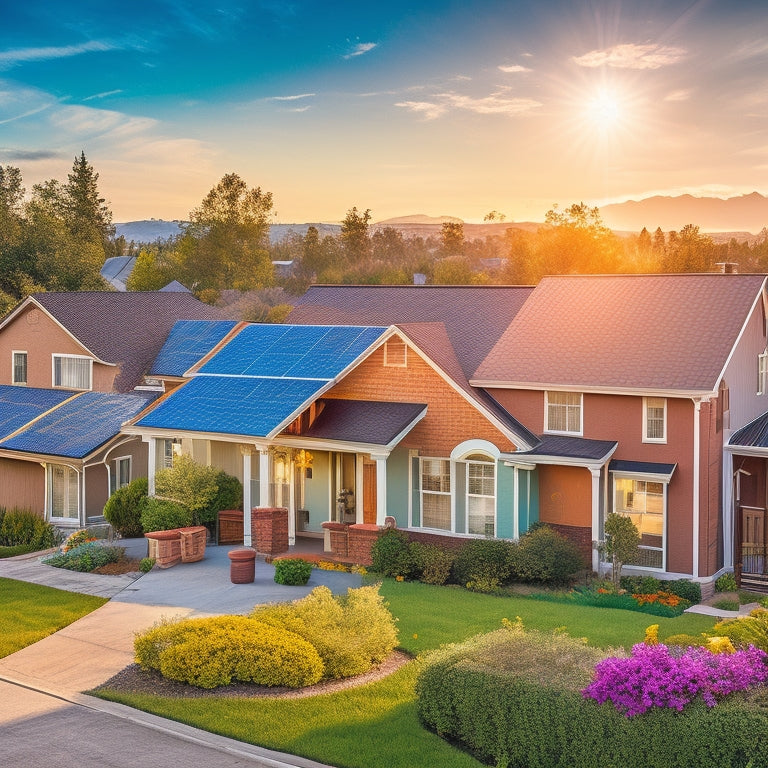 A vibrant neighborhood scene showcasing diverse homes with solar panels on rooftops, a sunny blue sky, and lush greenery. Include friendly technicians installing solar panels, emphasizing community and sustainable energy.