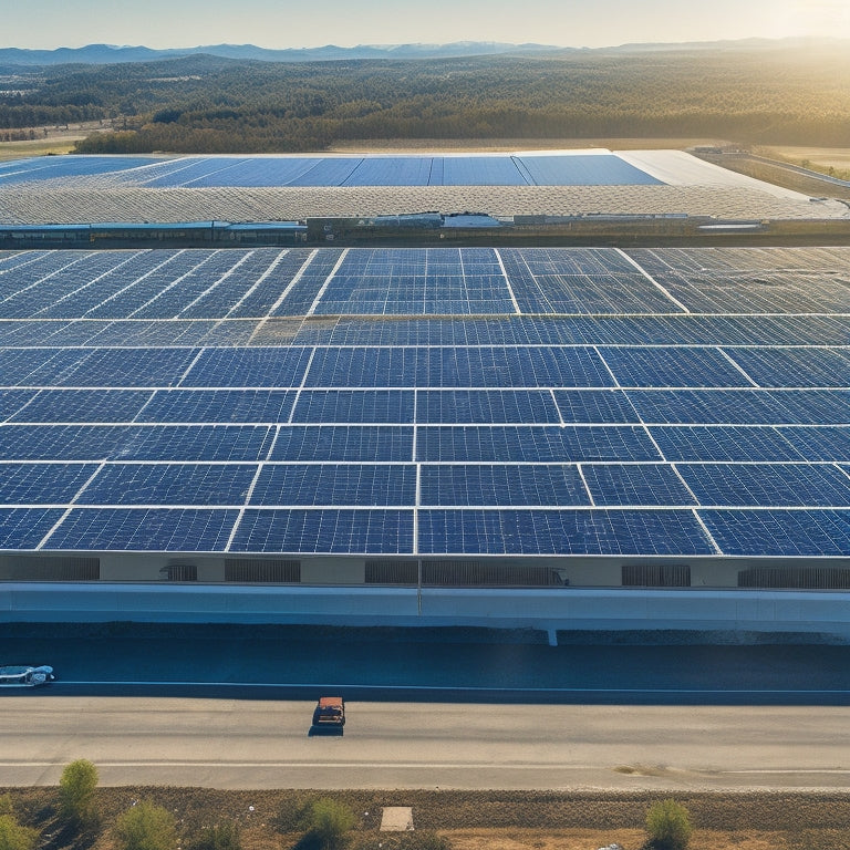 Aerial view of a large warehouse with a sprawling rooftop covered in a grid of sleek, silver solar panels, surrounded by a network of electrical infrastructure and wiring.