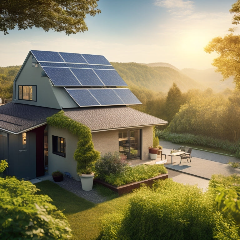 A sunlit rooftop adorned with solar panels, surrounded by lush greenery, alongside a charming rental property. Wind turbines spin gently in the background, with an electric vehicle charging station nearby.