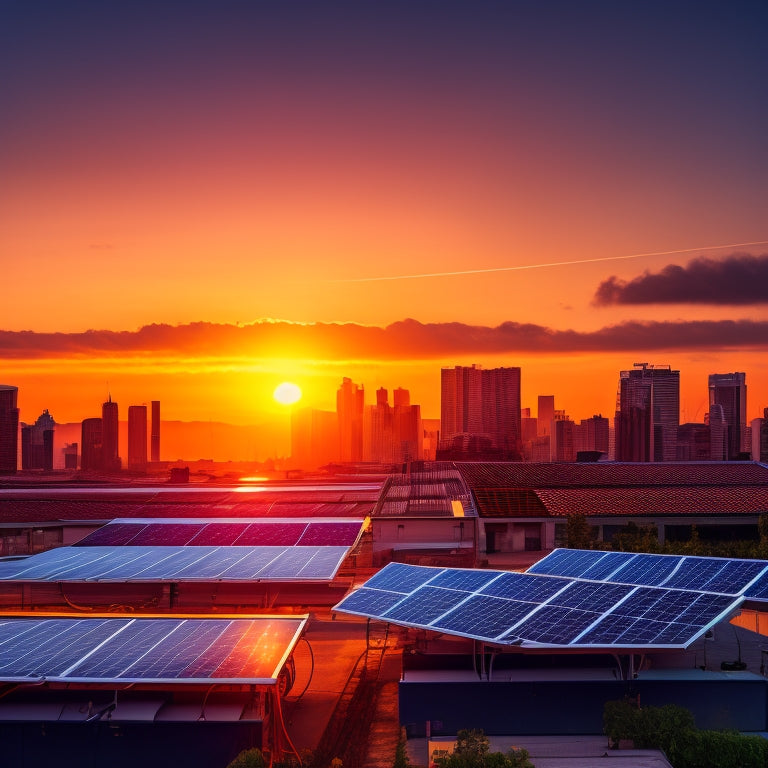 A futuristic, sleek rooftop solar panel array with several inverters in the foreground, wires and cables neatly organized, surrounded by a subtle cityscape at sunset with a faint grid pattern in the background.