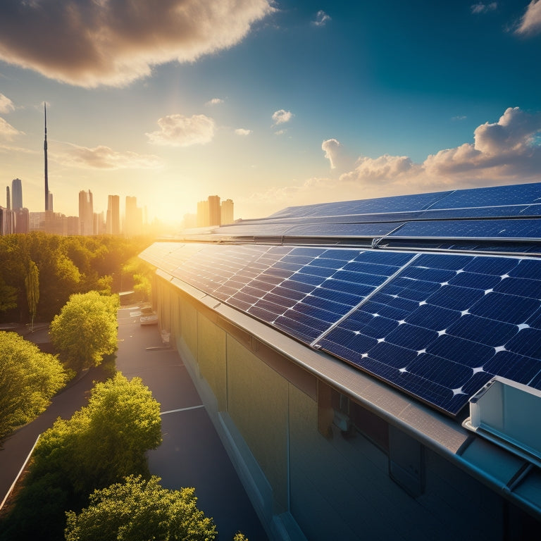 High-quality solar panels gleaming under bright sunlight, mounted on a sleek commercial rooftop, with a futuristic cityscape in the background and lush green trees surrounding the building.