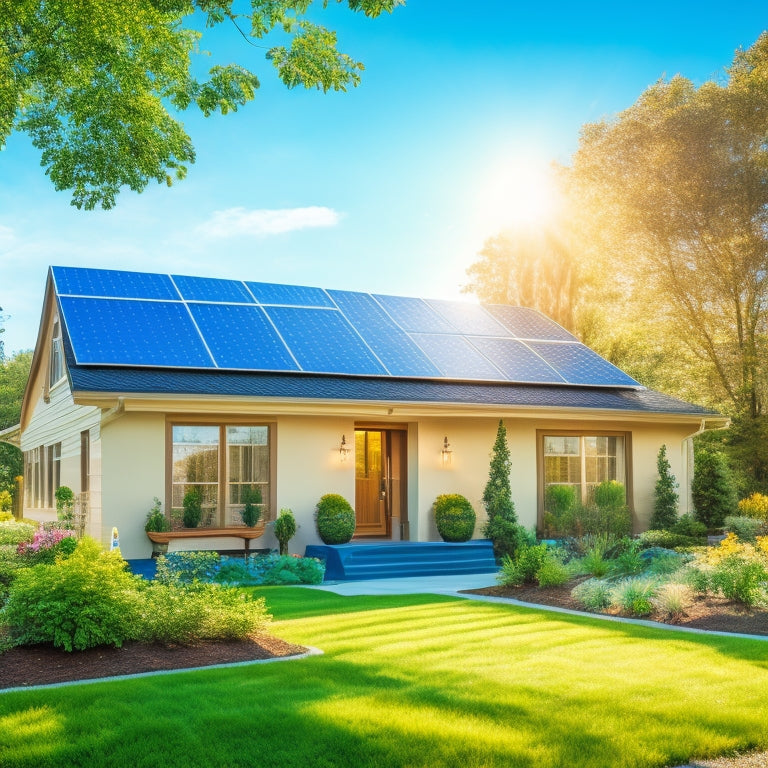 A serene suburban home surrounded by lush greenery, featuring sleek solar panels on the roof, sunlight gleaming off them, with a vibrant garden and a clear blue sky in the background, symbolizing energy independence.