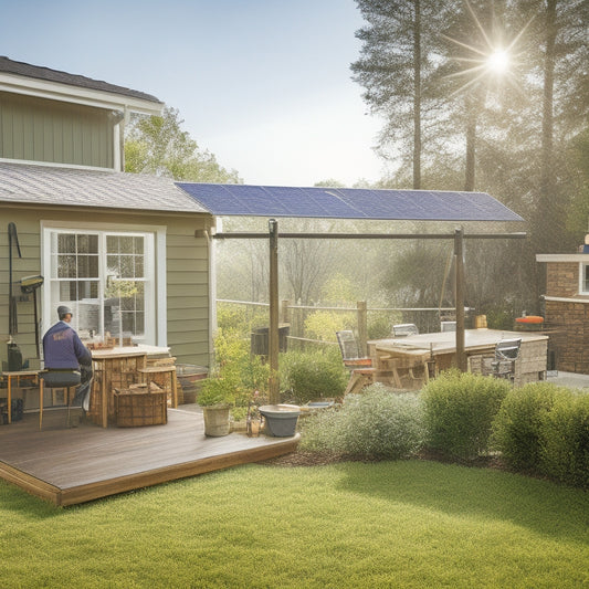 A serene backyard with a partially installed solar panel array on a pitched roof, surrounded by tools and equipment, with a ladder leaning against the roof and a person in the background, inspecting the setup.