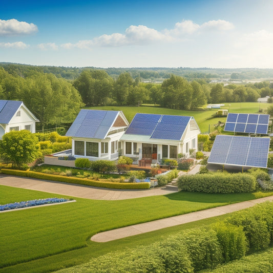 A serene suburban landscape with solar panels on rooftops, wind turbines in the background, lush green gardens, and a rainwater collection system, all under a bright blue sky and soft, fluffy clouds.