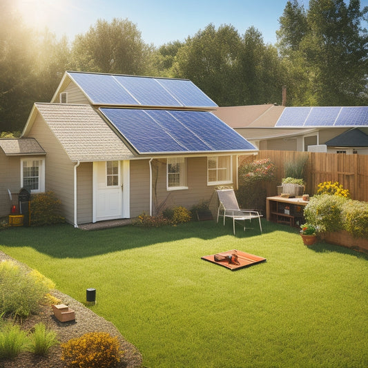 A sunny backyard with a partially installed solar panel array, a ladder leaning against the roof, and a toolbox open on the grass, surrounded by scattered solar panels and wires.