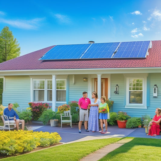 A sunlit suburban home with solar panels on the roof, surrounded by blooming gardens, a cheerful family inspecting a solar panel brochure, and a clear blue sky with fluffy white clouds overhead.
