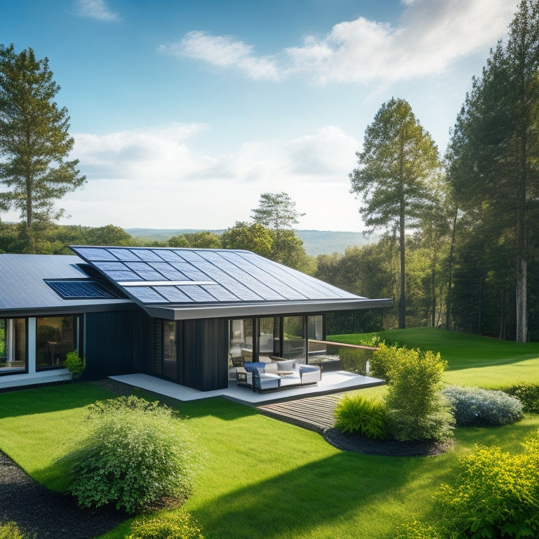 A serene, modern eco-friendly home with a sloping roof, covered in a mix of black and silver solar panels, surrounded by lush greenery and a bright blue sky with a few wispy clouds.