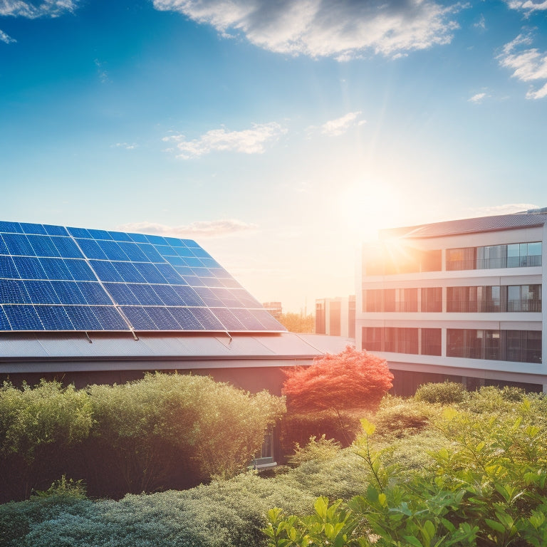 A sunny rooftop adorned with sleek, gleaming solar panels; nearby, business buildings and green trees reflect prosperity and sustainability, with a graph showing upward trends in the background.