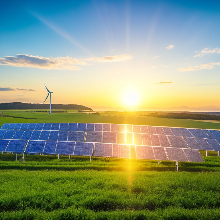 A vibrant landscape showcasing a modern solar farm with shimmering panels under a bright sun, surrounded by lush greenery, wind turbines in the distance, and a clear blue sky, symbolizing sustainable energy harmony.