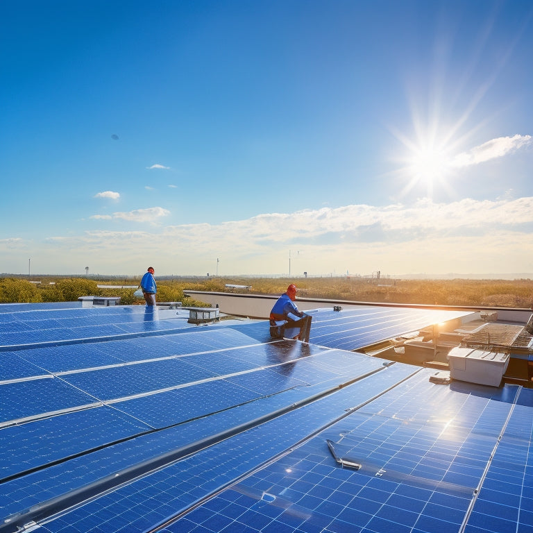 A sleek commercial rooftop adorned with large solar panels, sunlight reflecting off their surface, surrounded by blue skies, with a team of technicians installing the panels, showcasing modern equipment and tools.