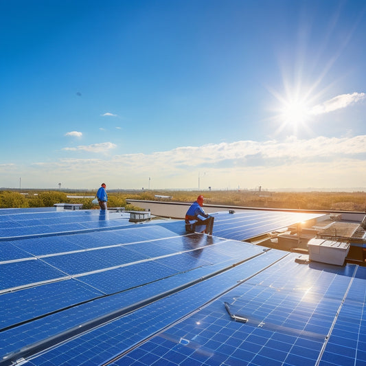 A sleek commercial rooftop adorned with large solar panels, sunlight reflecting off their surface, surrounded by blue skies, with a team of technicians installing the panels, showcasing modern equipment and tools.