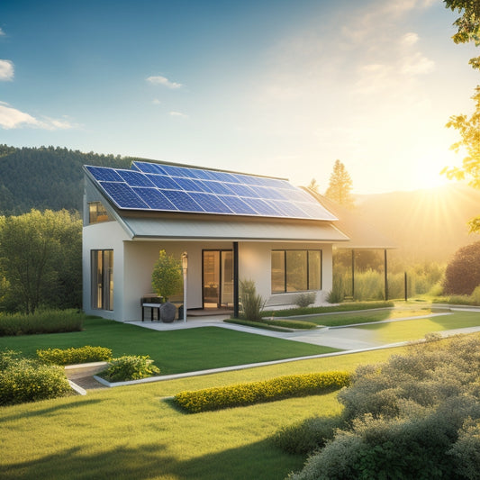 A serene landscape with a modern home, solar panels on the roof, surrounded by lush greenery, a wind turbine in the distance, and a bright sun shining down with sunbeams radiating outward.