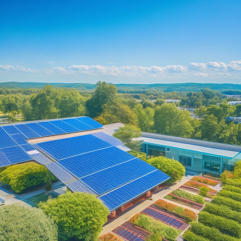 A vibrant rooftop adorned with solar panels under a bright blue sky, surrounded by lush greenery, showcasing a modern, eco-friendly business building with employees engaging in sustainable practices and electric vehicles charging nearby.