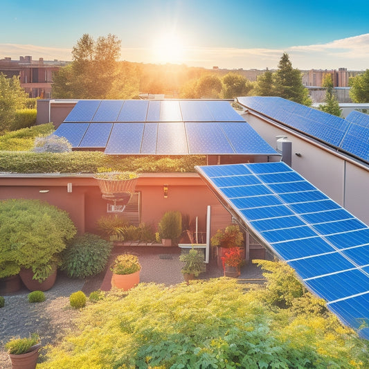 A vibrant rooftop adorned with sleek solar panels, glistening under a bright sun. Below, a lush garden thrives, with energy-efficient appliances visible through large windows, symbolizing sustainable living and savings.