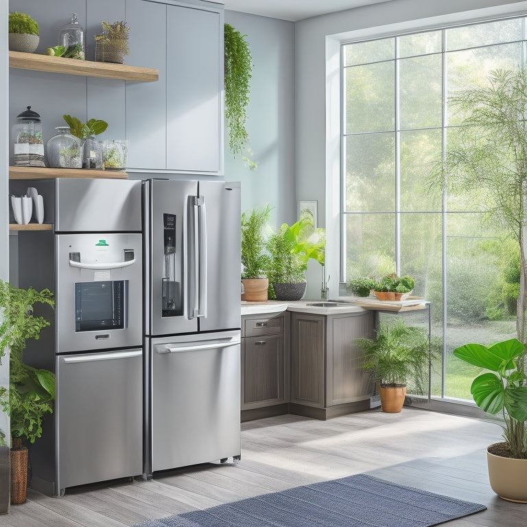 A modern kitchen showcasing sleek, energy-efficient appliances: a stainless steel refrigerator, an induction cooktop, and a smart dishwasher, surrounded by indoor plants and natural sunlight streaming through large windows.