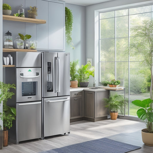 A modern kitchen showcasing sleek, energy-efficient appliances: a stainless steel refrigerator, an induction cooktop, and a smart dishwasher, surrounded by indoor plants and natural sunlight streaming through large windows.