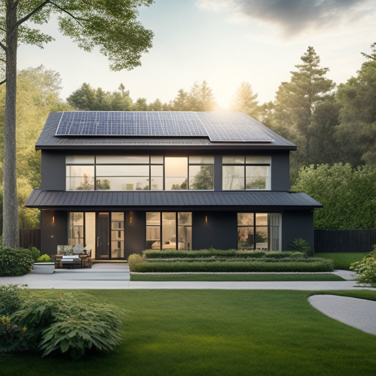 A serene suburban home with a sleek, black solar panel array on the roof, surrounded by lush greenery, with a subtle sunbeam shining down, highlighting the system's sleek design.