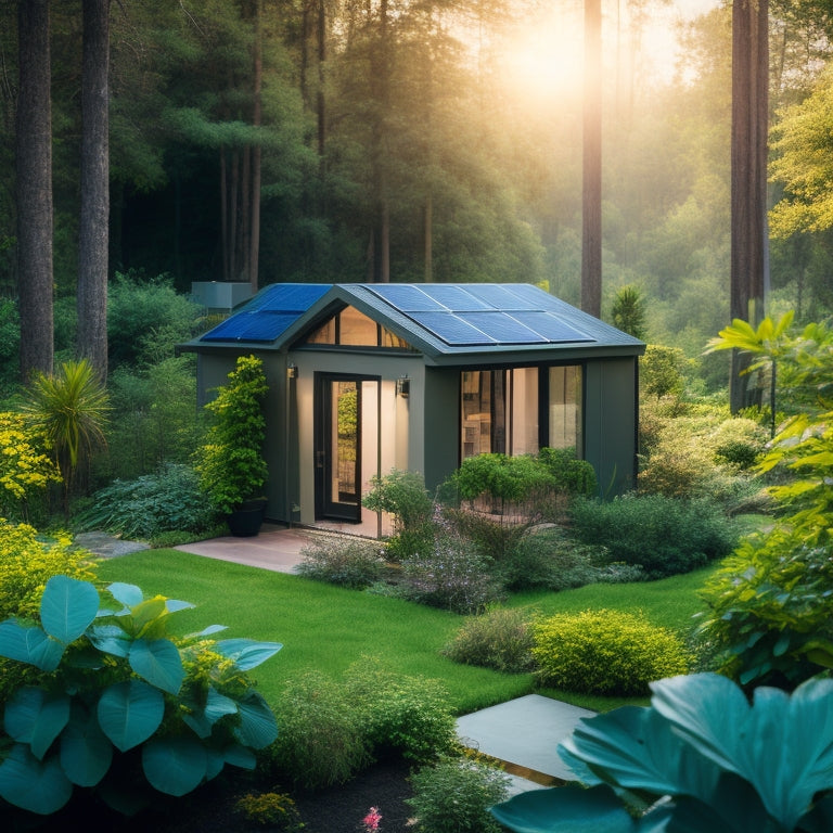 A serene home surrounded by lush greenery, featuring solar panels on the roof, a sleek battery storage unit in the garden, and vibrant plants thriving nearby, symbolizing harmony between nature and sustainable energy solutions.