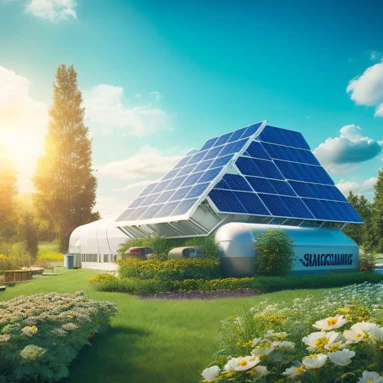 A futuristic recycling facility with sleek, silver machinery, surrounded by stacks of used solar panels, amidst a lush green backdrop with blooming flowers and a bright blue sky.