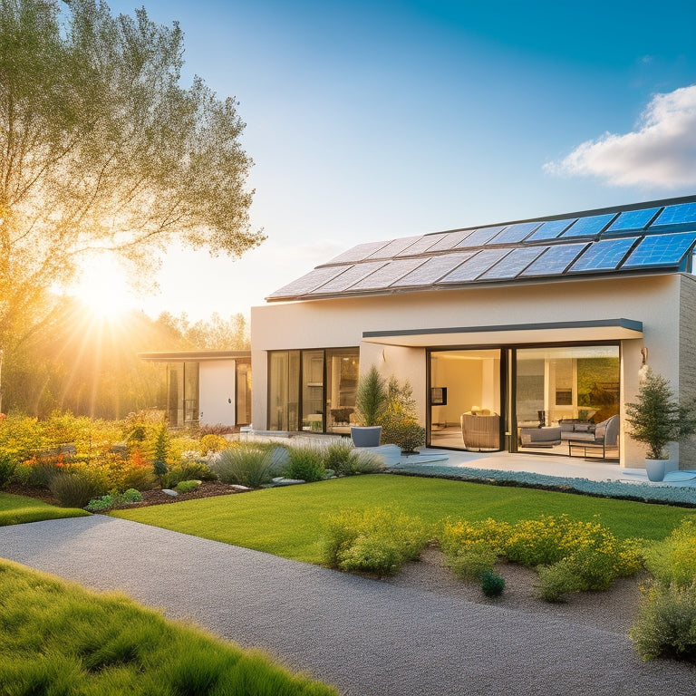 A modern home adorned with custom solar panels, showcasing unique designs; vibrant gardens surrounding a sleek battery storage unit, sunlight glinting off solar cells, conveying innovation and sustainability in harmony with nature.
