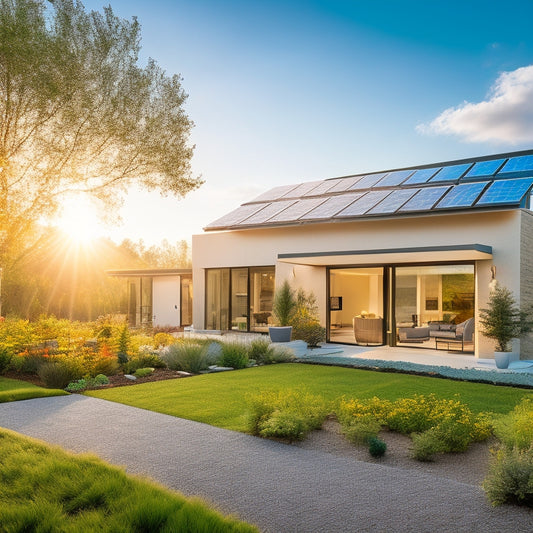 A modern home adorned with custom solar panels, showcasing unique designs; vibrant gardens surrounding a sleek battery storage unit, sunlight glinting off solar cells, conveying innovation and sustainability in harmony with nature.
