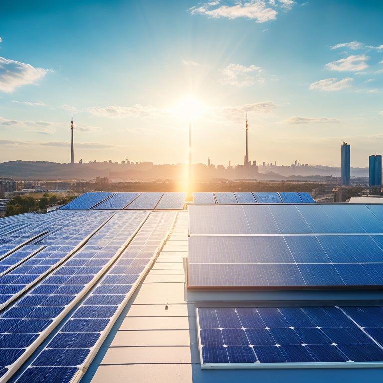 A futuristic rooftop with sleek, high-efficiency solar panels in a staggered formation, angled towards the sun, with a cityscape and clear blue sky in the background.