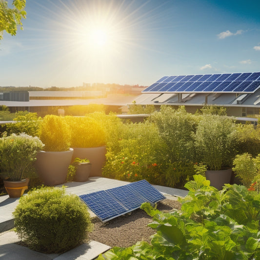 A sun-drenched rooftop with solar panels, surrounded by a vibrant garden, a calculator, and dollar bills scattered nearby, symbolizing financial savings, with a clear blue sky and soft clouds overhead.