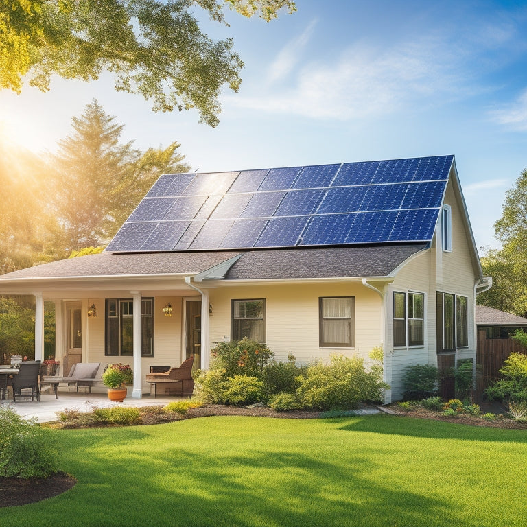 A serene suburban home with solar panels on the roof, golden sunlight illuminating the panels, surrounded by lush greenery, a well-manicured lawn, and a clear blue sky, symbolizing eco-friendly living and sustainable energy.