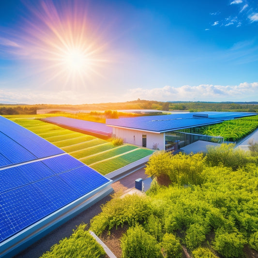 A vibrant, futuristic landscape showcasing sleek solar panels on rooftops, integrated with green walls and flourishing plants, alongside innovative battery storage units, all under a clear blue sky with gentle sunlight illuminating the scene.
