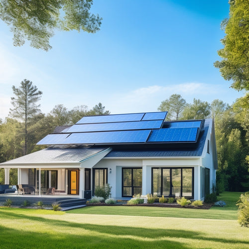 A serene suburban home with a sloping roof, covered in a mix of shiny black and sleek silver solar panels, surrounded by lush greenery and a bright blue sky with a few puffy white clouds.